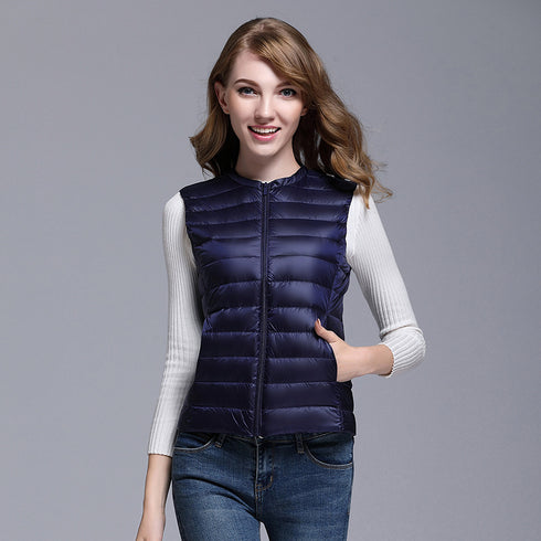 Lightweight down ladies waistcoat all-match slim fit sleeveless waistcoat short round neck large size waistcoat vest - ROUTINE FASHION